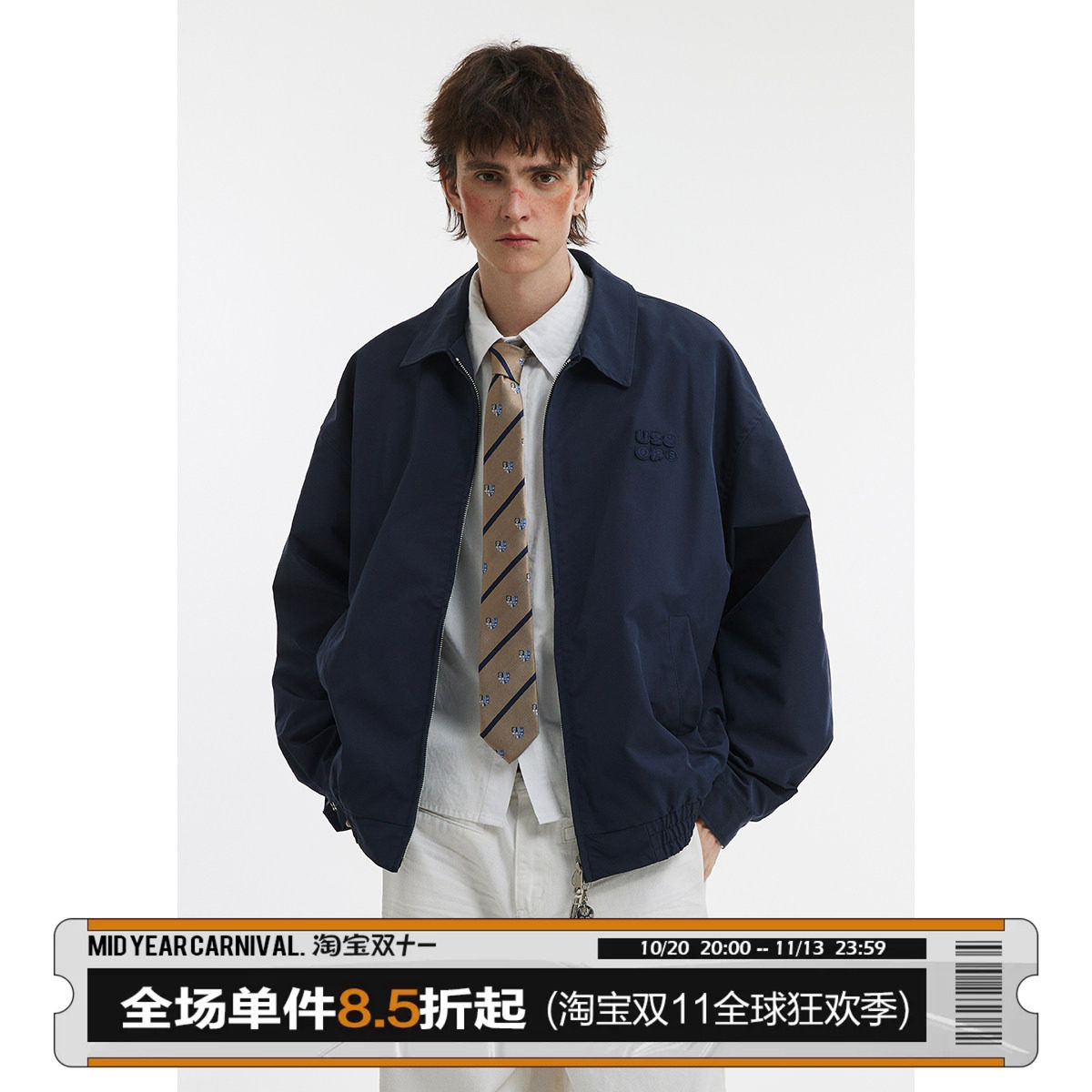 男道简约复古翻领短款夹克男春秋休闲工装外套情侣刺绣宽松上衣