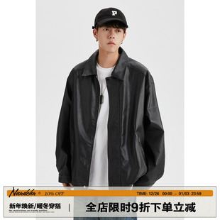 美式 新款 复古宽松潮流PU皮夹克 秋季 男道简约纯色机车皮衣外套男士