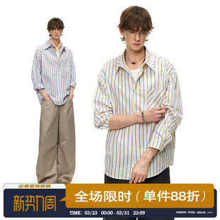 衬衣复古条纹上衣潮 男高智感休闲正肩长袖 男道美式 条纹泡泡纱衬衫