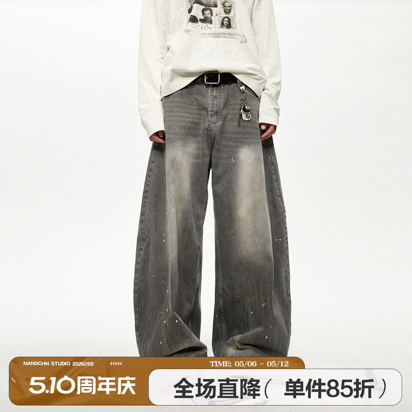 男道美式复古水洗做旧泼墨弯刀牛仔裤男女2025秋季新款宽松阔腿裤