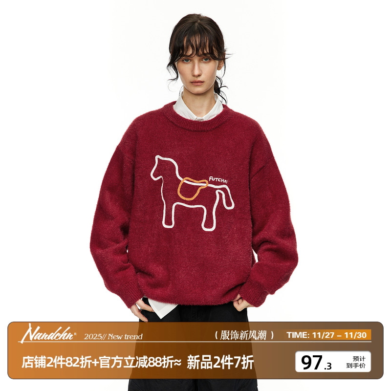 男道美式刺绣小狗毛衣女2025秋冬慵懒风针织衫加厚保暖套头上衣