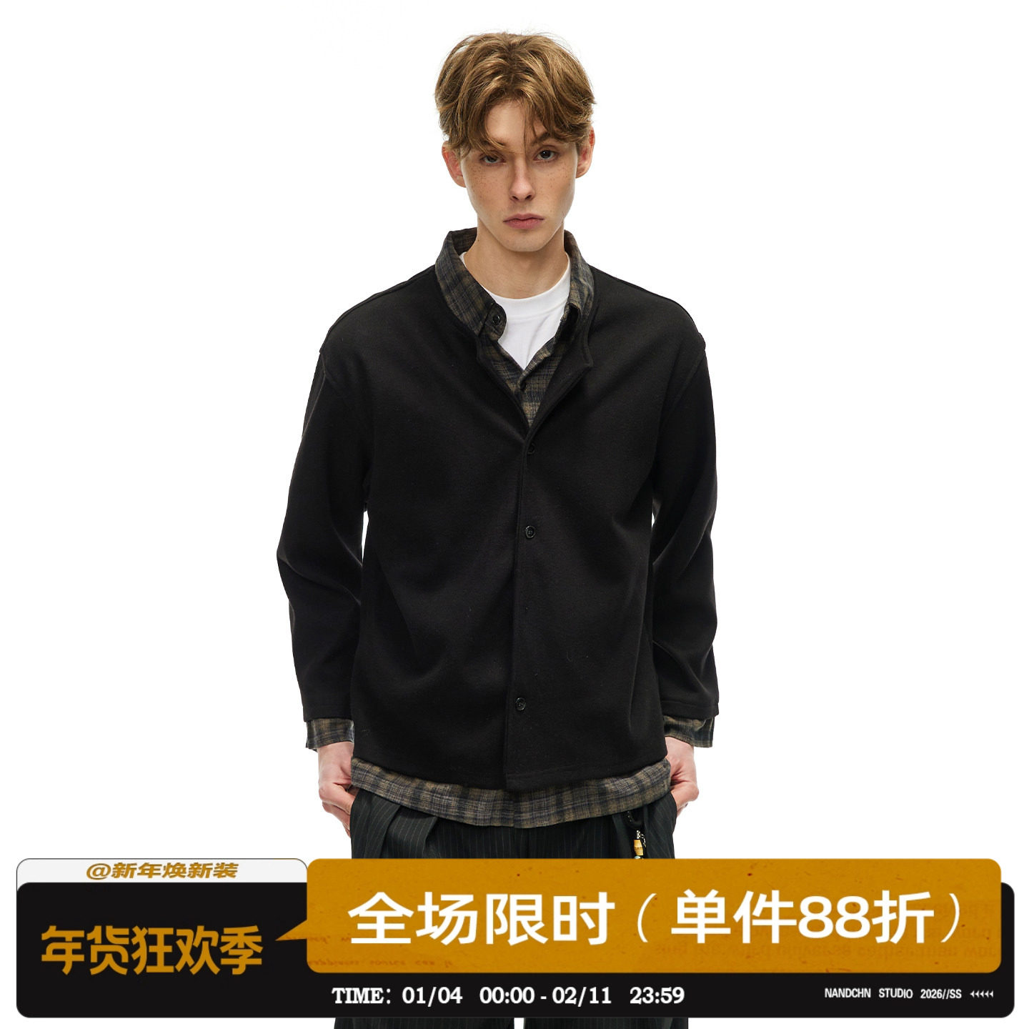 男道老钱风假两件拼接翻领长袖衬衫男女美式cleanfit针织开衫外套,男装,夹克,淘宝优惠券,粉丝福利购,淘宝优惠卷