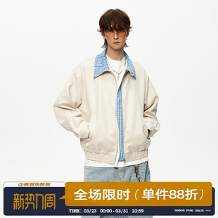 男道美式 宽松休闲百搭外套 复古格纹撞色拼接假两件翻领夹克男春季