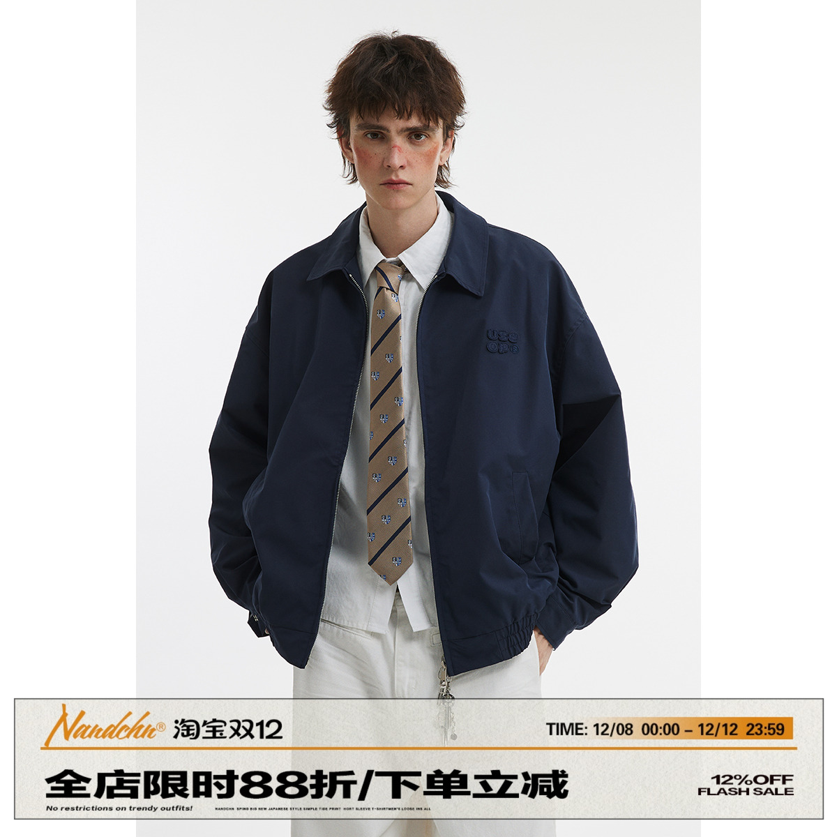 男道简约复古翻领短款夹克男春秋休闲工装外套情侣刺绣宽松上衣