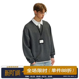 长袖 翻领假两件宽松撞色拼接V领男装 上衣 空气层卫衣男款 男道春季