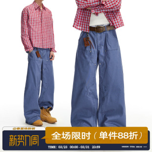 子男宽松阔腿长裤 男道美式 男春秋休闲直筒裤 裤 潮 复古伐木工装