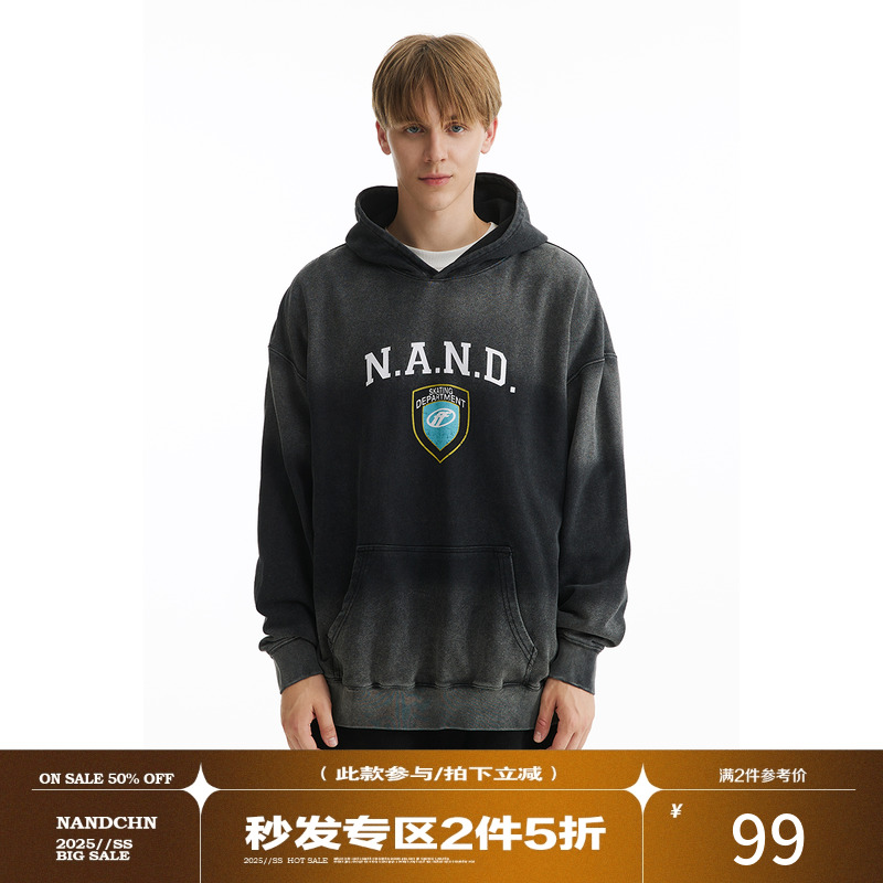 男道美式复古水洗做旧渐变色连帽卫衣秋季新款宽松百搭高街外套