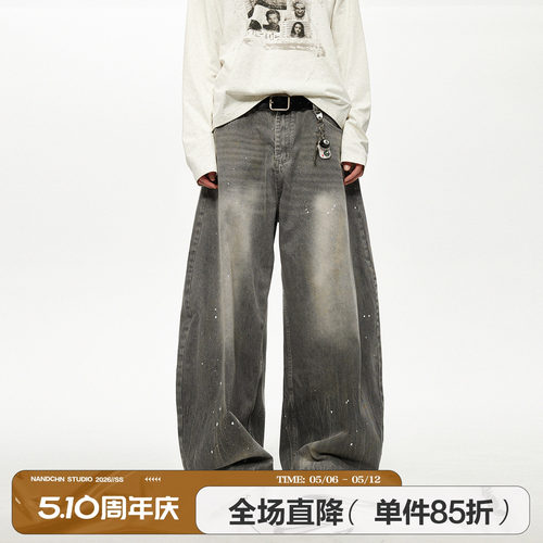 男道美式复古水洗做旧泼墨弯刀牛仔裤男女2025秋季新款宽松阔腿裤