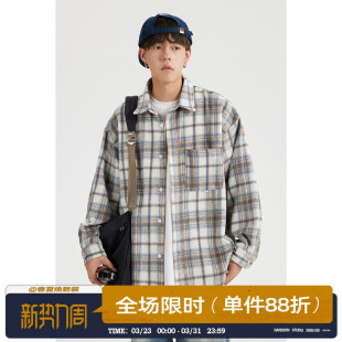 格子衬衫 痞帅工装 男生秋季 休闲时尚 衬衣潮牌 新款 男道日系复古长袖