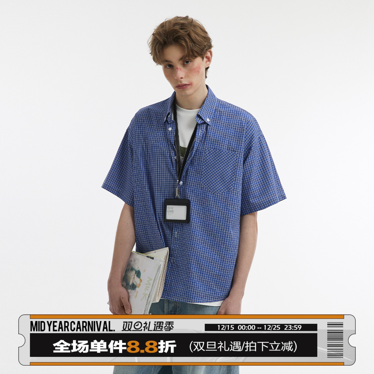 男道美式复古休闲翻领格子短袖衬衫男女宽松百搭情侣cleafit衬衣