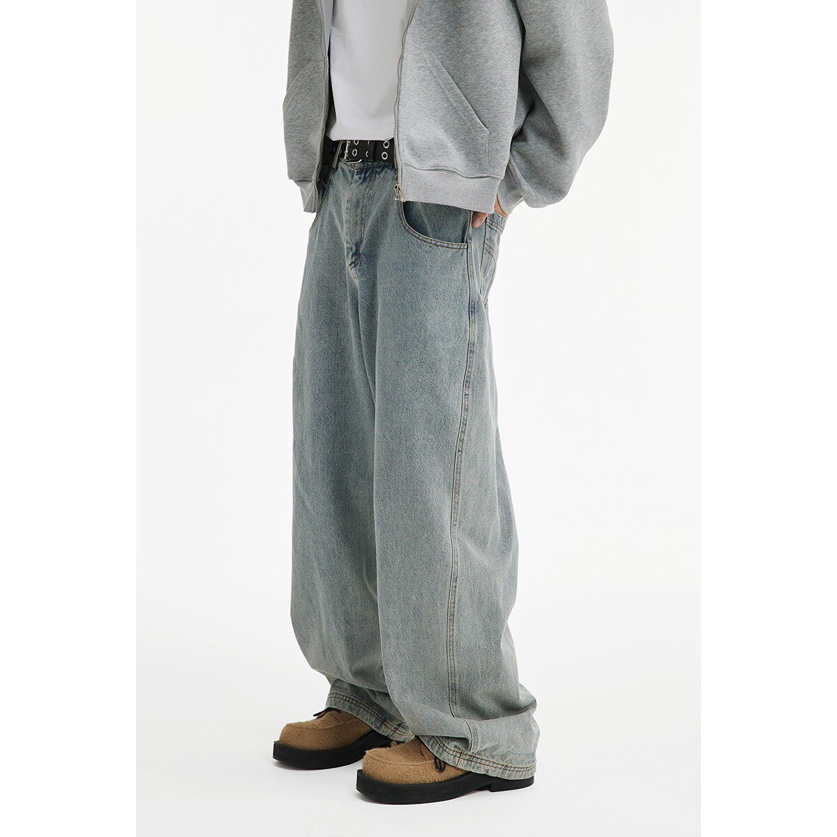 男道cleanfit水洗牛仔裤男春秋季复古宽松直筒阔腿裤美式高街裤子