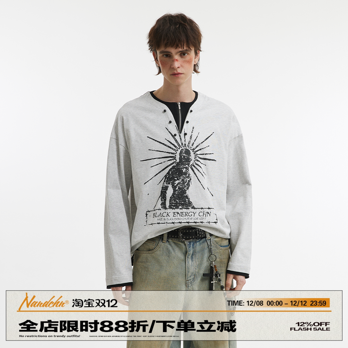 男道美式纯棉人像印花半拉链假两件长袖T恤男女春季宽松百搭上衣