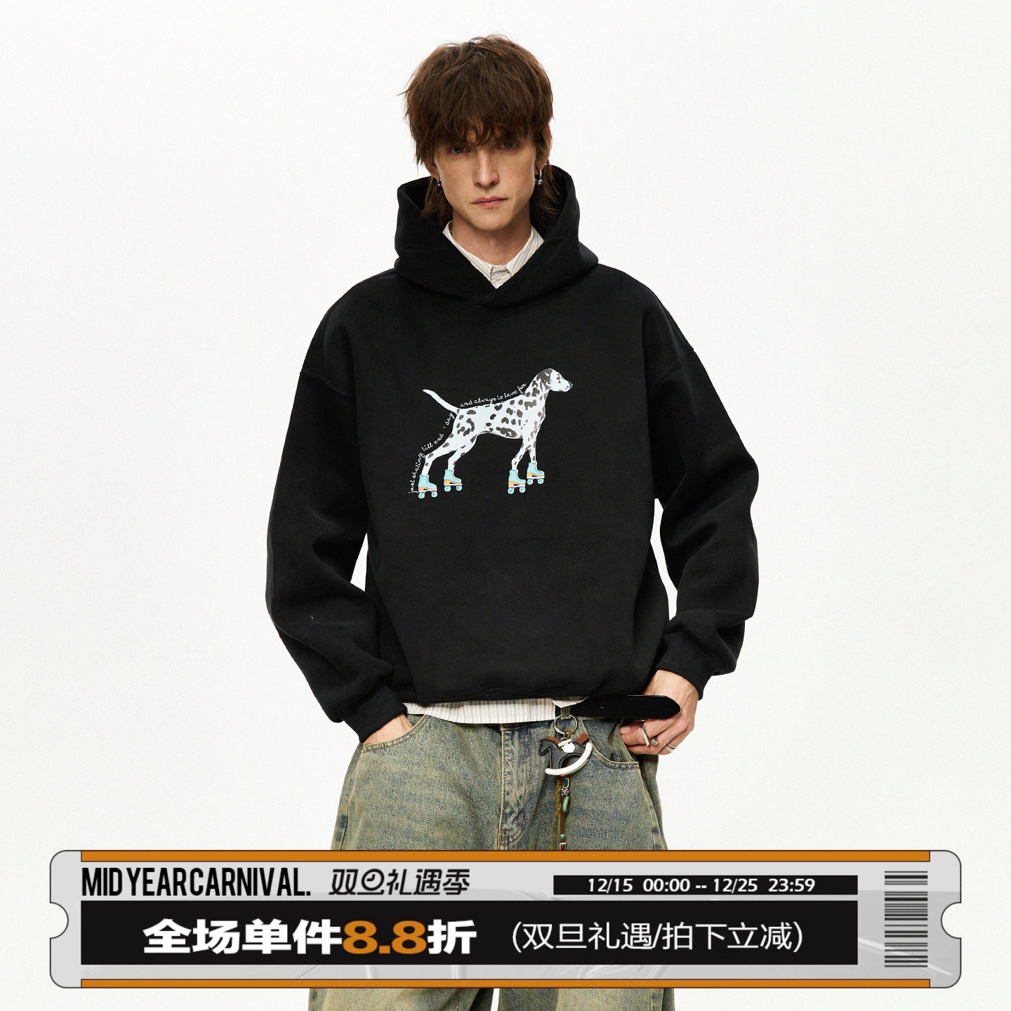 男道美式斑点狗印花oversize大版型空气感柔软舒适情侣连帽卫衣