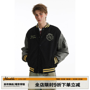 男道美式 宽松立领棉衣 高街刺绣字母拼接撞色棒球棉服男女秋冬新款