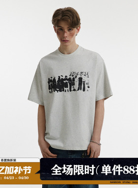 男道240G索罗娜美式人像印花短袖T恤男夏宽松潮牌做旧情侣体恤潮