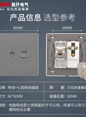 86型暗装万兆网络网口带TV面板 灰色 有线电视+七类网线电脑插座