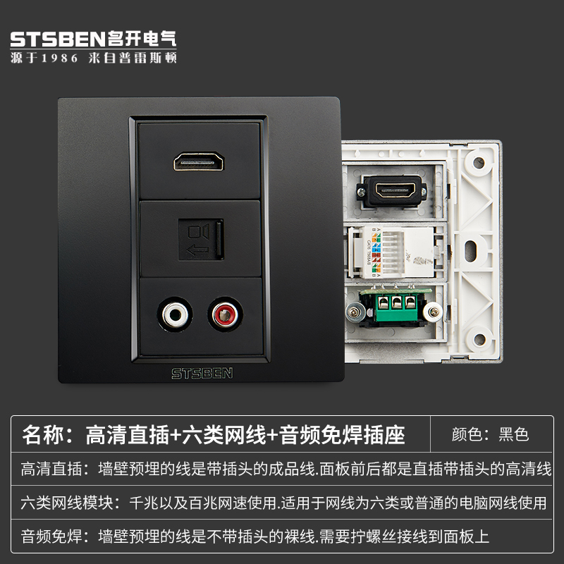 黑色HDMI+音频+电脑网络网线插座