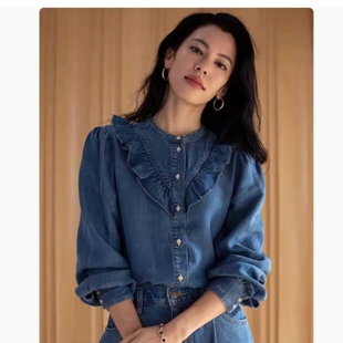 新款 2401款 女士法式 外套潮款 减龄牛仔休闲衬衫 秋季