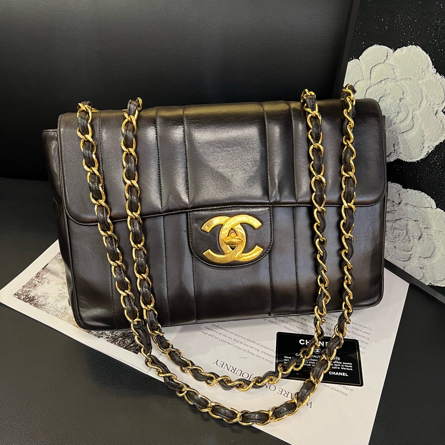 Chanel 黑金竖纹贝嫂皮穿链单肩斜挎包标卡齐全3开96年30*21*8