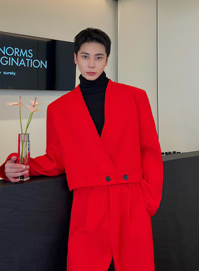 新款红色套装西服男潮流百搭中国红V领短款外套A452--6388--P130