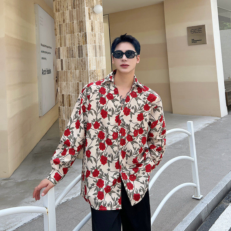 新款个性花卉印花长袖衬衫男时尚复古风宽松上衣A452--6406--P75图片