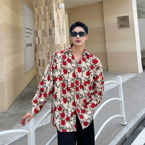 新款个性花卉印花长袖衬衫男时尚复古风宽松上衣A452--6406--P75图片
