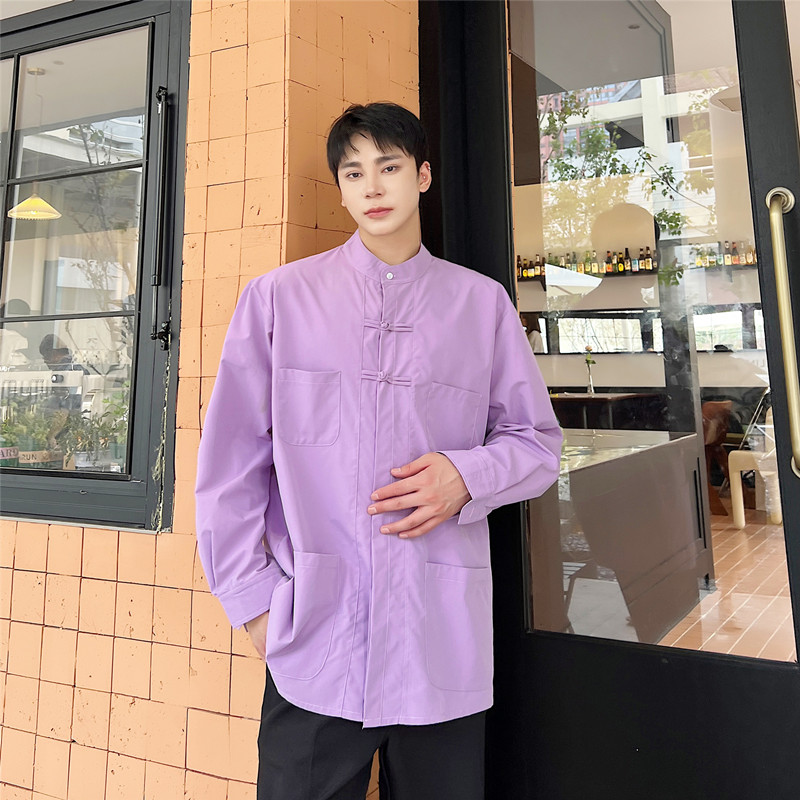 新中式盘扣立领长袖衬衫复古风休闲潮流上衣A452--6290--P75,男装衬衫,电商A452