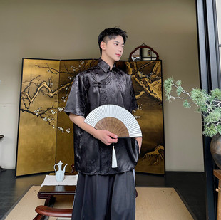 翻领盘扣短袖 H172 衬衫 上衣A452 P105 国潮风暗纹休闲半袖 新中式