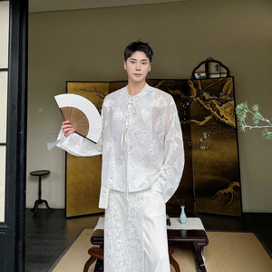 夏季新中式提花系带长袖衬衫复古禅意风上衣潮A452--H171--P105图片