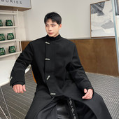 冬新中式 P185 6425 偏襟竹节扣毛呢中长款 大衣国潮风立领外套A452