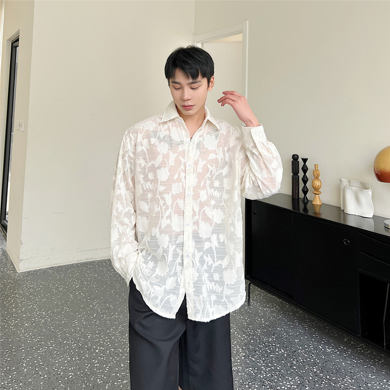 潮流立体花纹禁欲系露肩长袖衬衫男小心机微透衬衣A452-6360--P85,男装衬衫,电商A452
