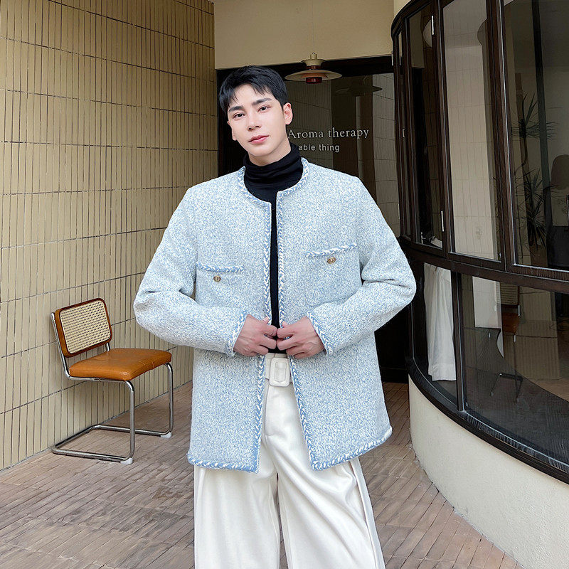 冬新款蓝色粗花呢小香风外套重磅无扣开身西服上衣A452-6421-P185,男装西服,电商A452