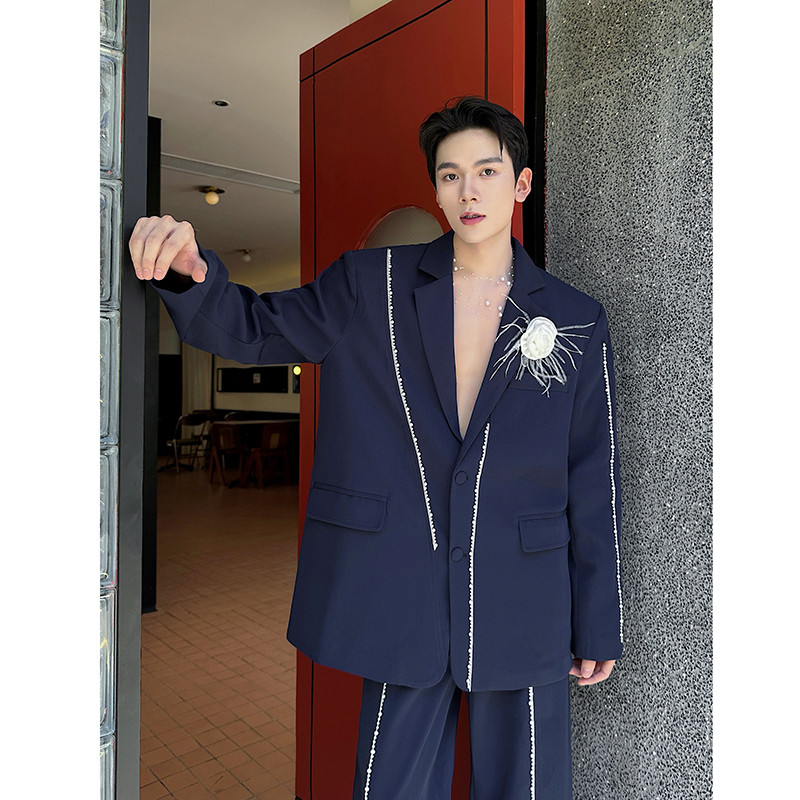 新款高级珠珠装饰休闲西服套装复古潮流西装潮A452--6541--P295，男装西服套装，电商A452