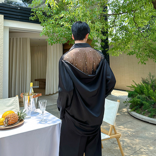 H204 高级感缎面上衣A452 P125 衬衫 新小众设计后背网纱钉珠长袖