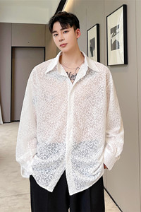 高级提花蕾丝长袖衬衫男小众设计半透明复古上衣A452--H72--P75图片