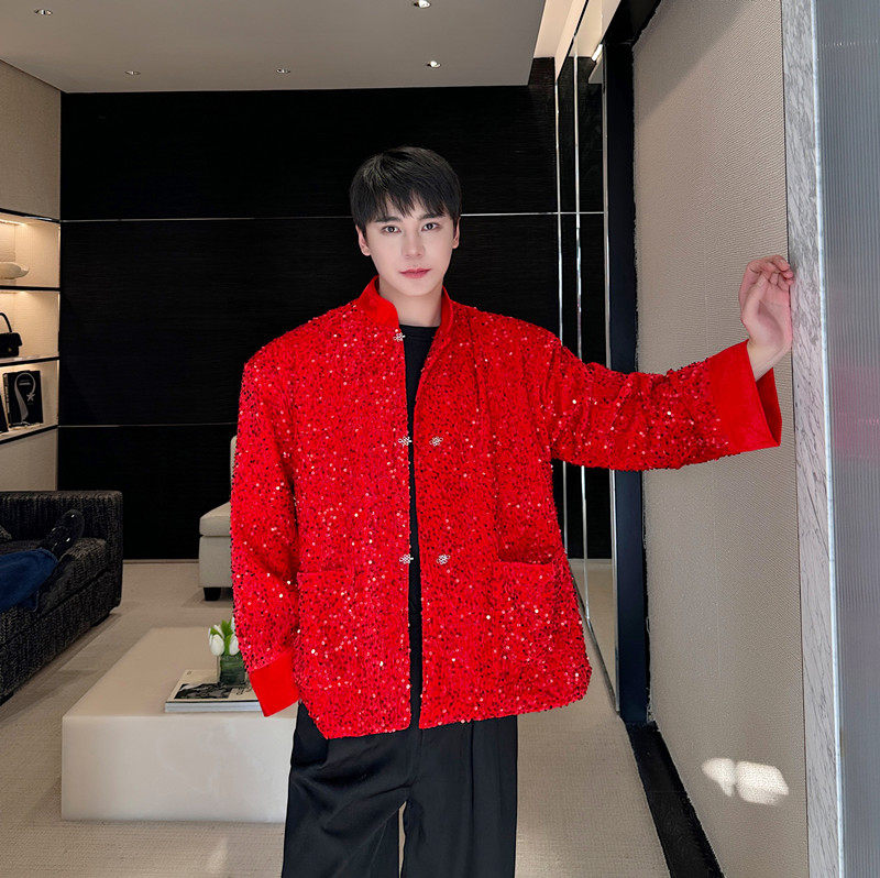 早春新款新中式亮片红色西服男个性潮休闲外套A452--6470--P145图片