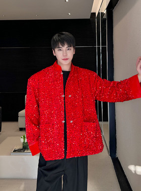 早春新款新中式亮片红色西服男个性国潮休闲外套A452--6470--P145