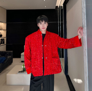 早春新款新中式亮片红色西服男个性潮休闲外套A452--6470--P145图片