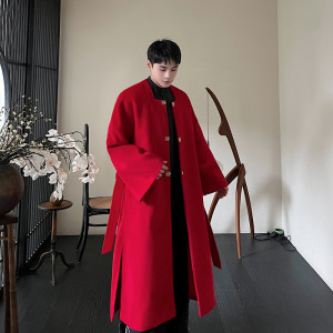 冬装改良版明制汉服方领长款大衣中式红色毛呢风衣A452-6422-P165图片