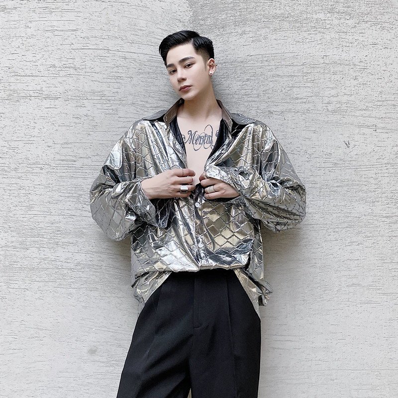 定制款亮面大波纹时尚夜店风发型师演出服上衣潮A452--H12--P75，男装衬衫，电商A452