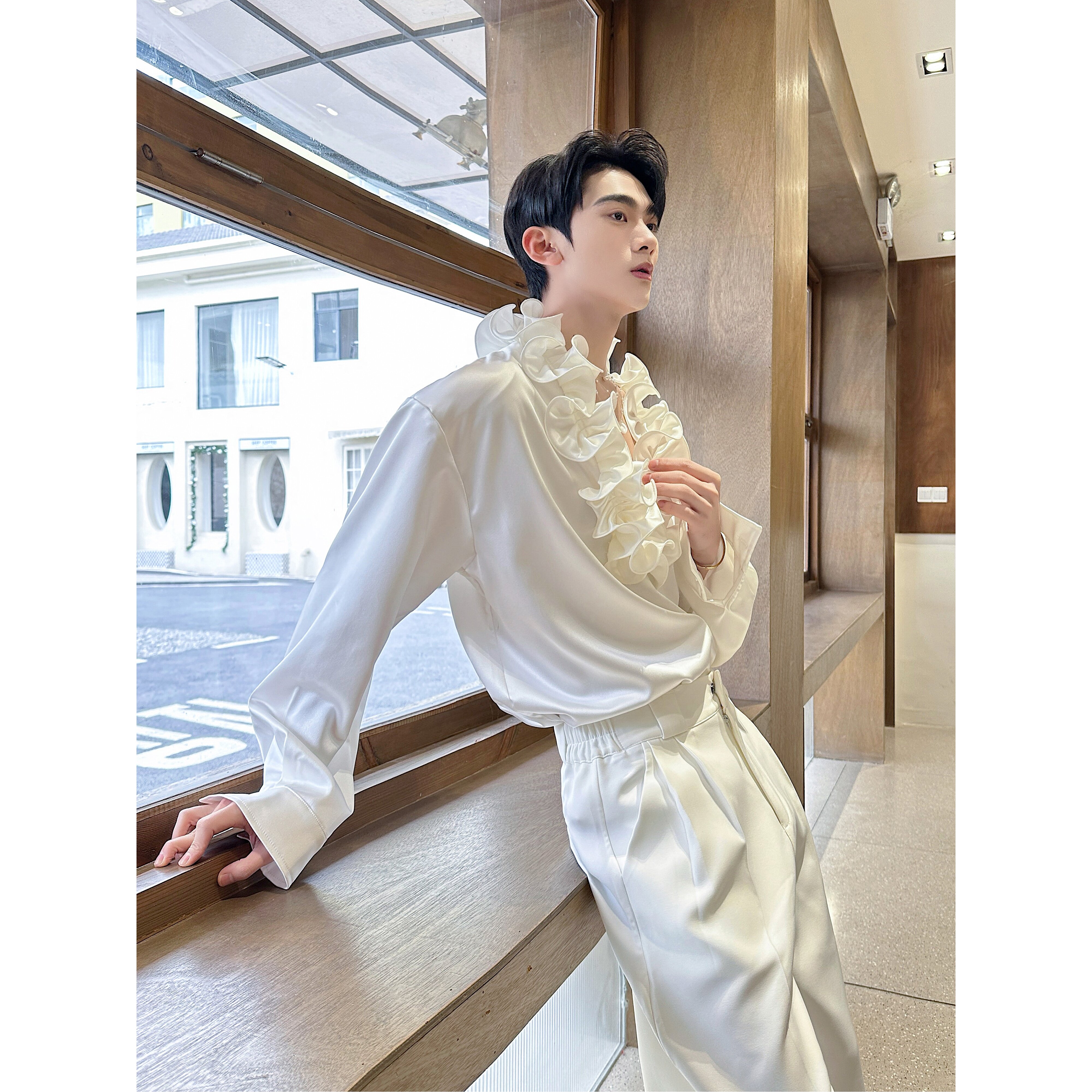 春个性立体波浪花边套头长袖衬衫复古宫廷风上衣A452--6556--P125，男装衬衫，电商A452