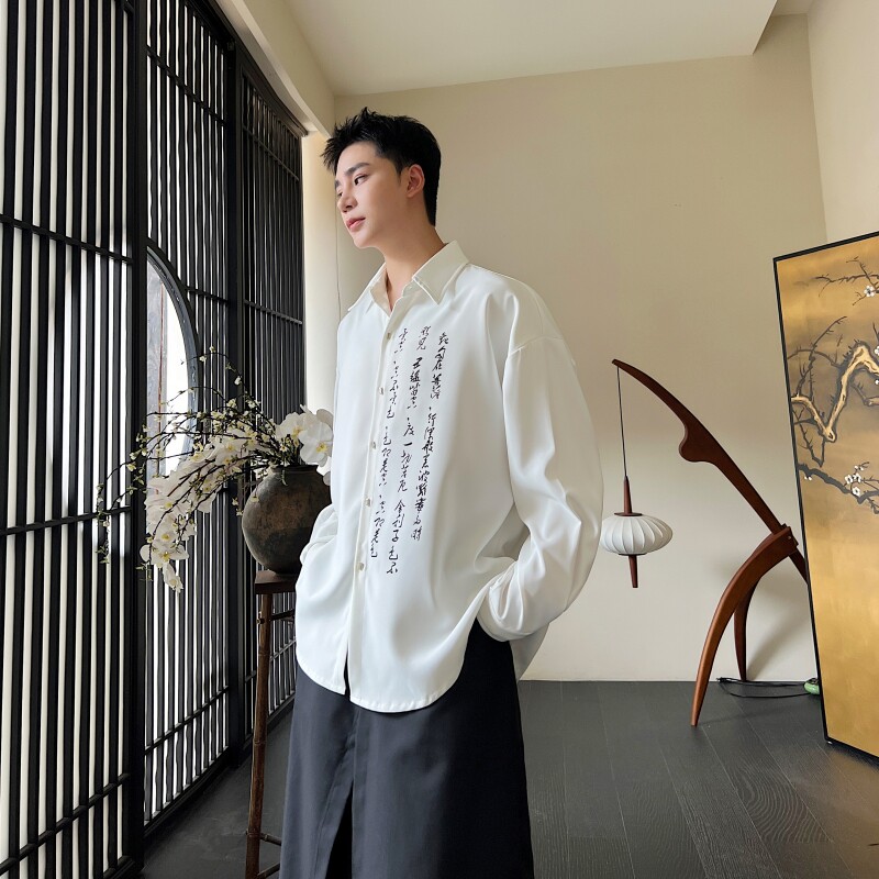 新中式潮风书法印花长袖衬衫个性潮流上衣A452--6394--P75,男装衬衫,电商A452