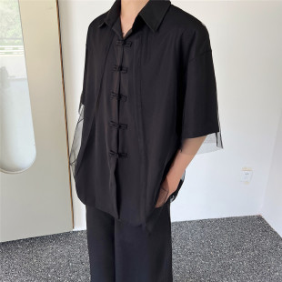 6369 潮流假两件网纱廓形中国风t恤A452 P85 盘扣短袖 夏改良中式