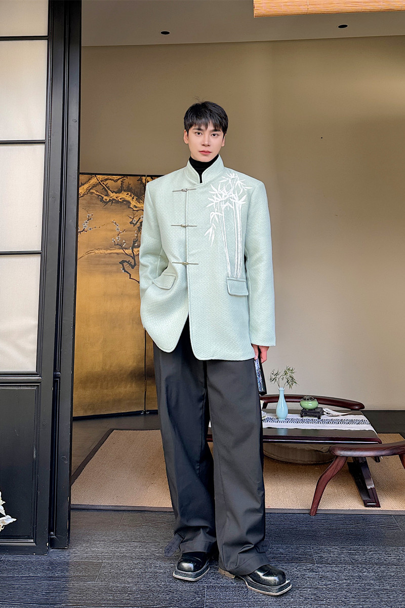冬装新款新中式毛呢刺绣立领西装男时尚潮流西服A452--6443--P165,男装西服,电商A452