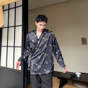 秋季新中式禅意系带长袖衬衫男休闲风竹叶上衣A452-6391--P75图片