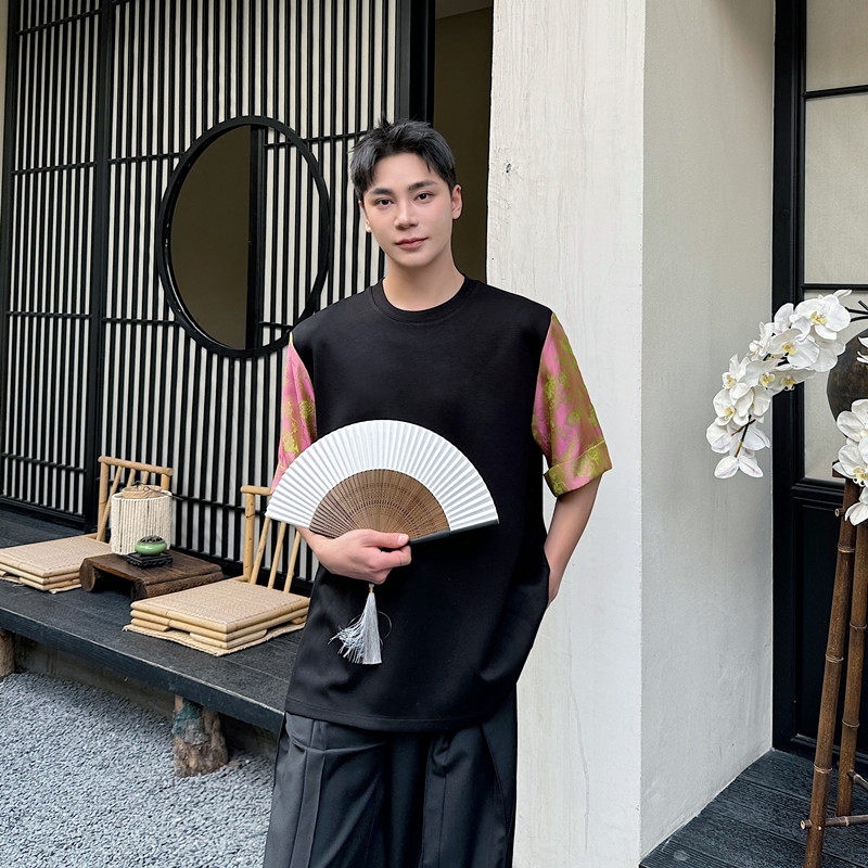 新中式改良版拼接款短袖上衣个性潮风休闲半袖A452--H168--P75，商品下架区商品下架区，电商A452