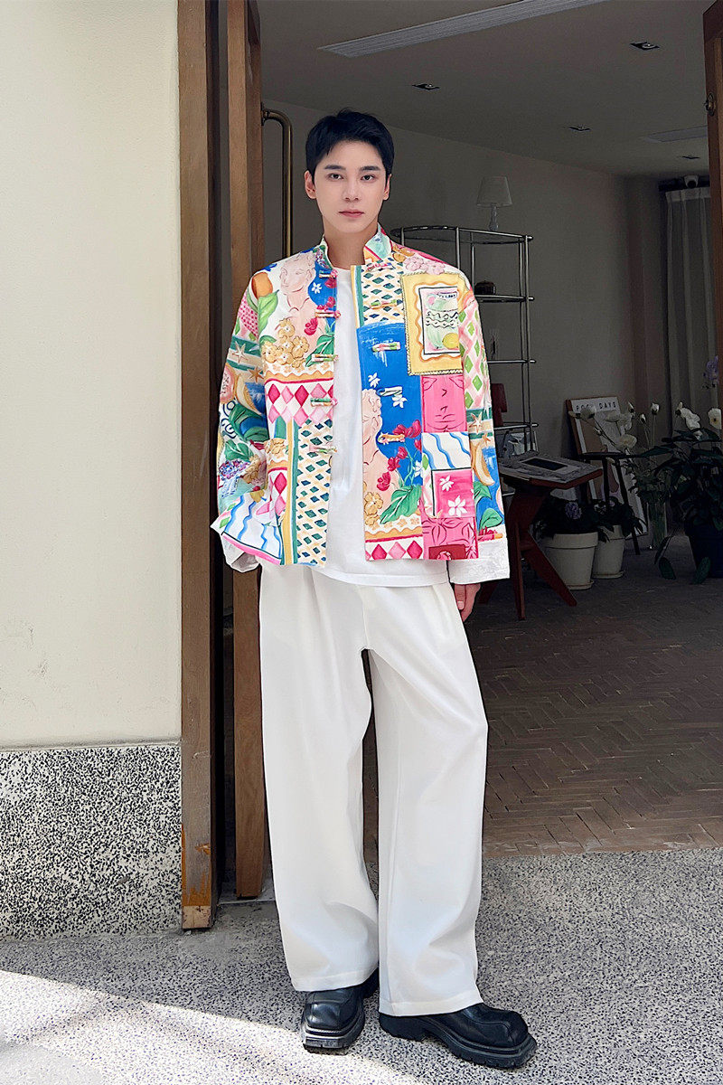 早春新中式立领盘扣西服外套潮花色休闲夹克上衣A452-6413-P135,男装西服,电商A452