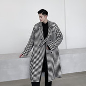 H35 冬装 P175 风衣时尚 潮流大衣A452 经典 千鸟格亮丝花呢中长款