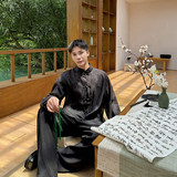 特制双层蕾丝面料立领盘扣长袖衬衫潮风刺绣上衣A452-6497-P115，男装衬衫，电商A452