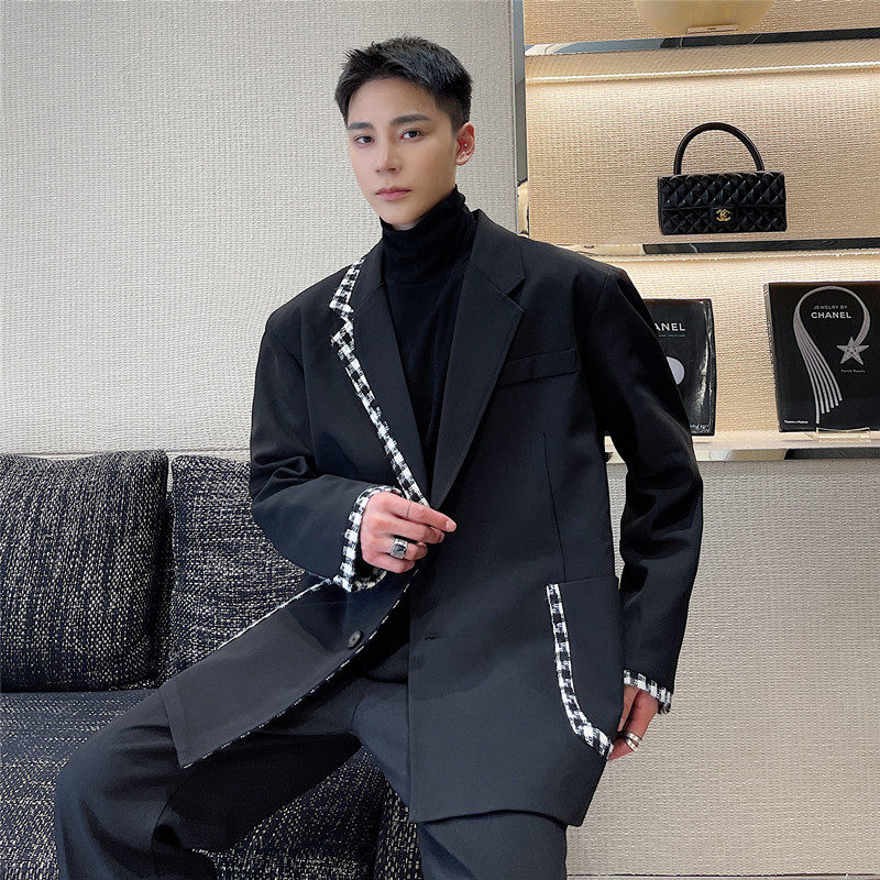 新款韩版休闲西装男个性拼接宽松便服西服外套A452--6191--P130,男装西服套装,电商A452